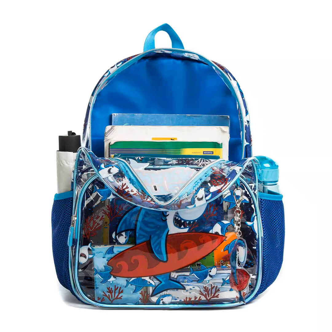 Transparent blue kids backpack with fun shark print