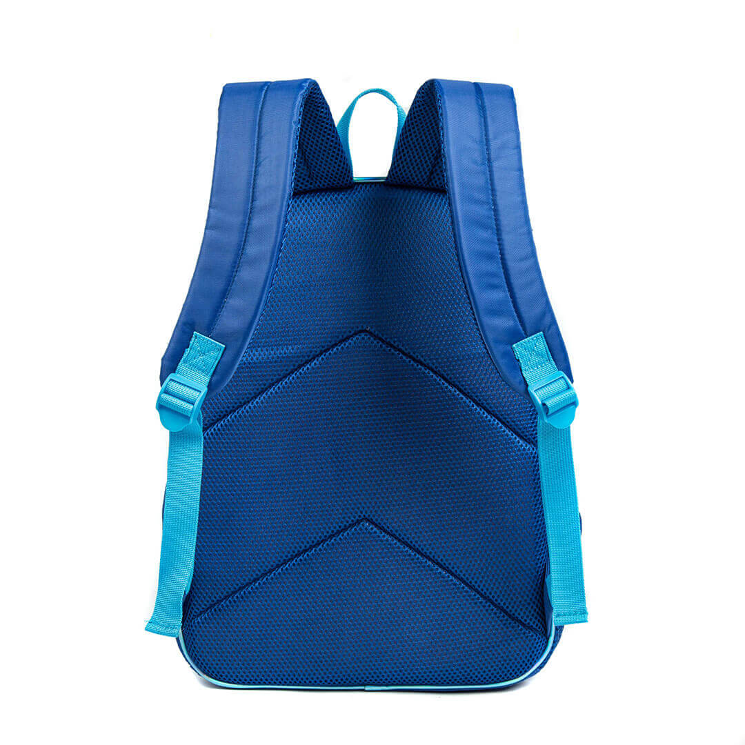 Transparent kids' backpack with blue shark graphics and padded back