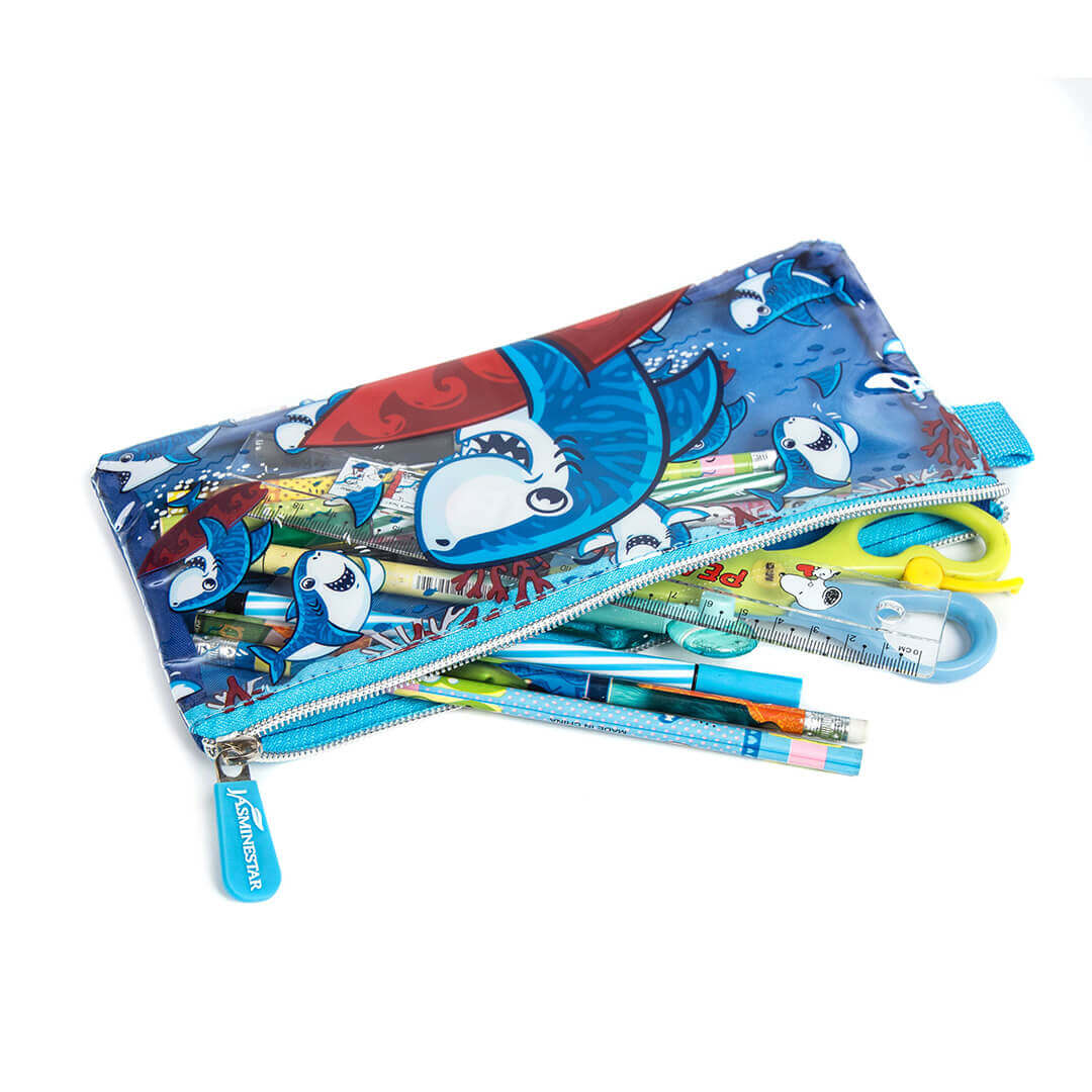 Shark school pencil case with transparent glittery cover