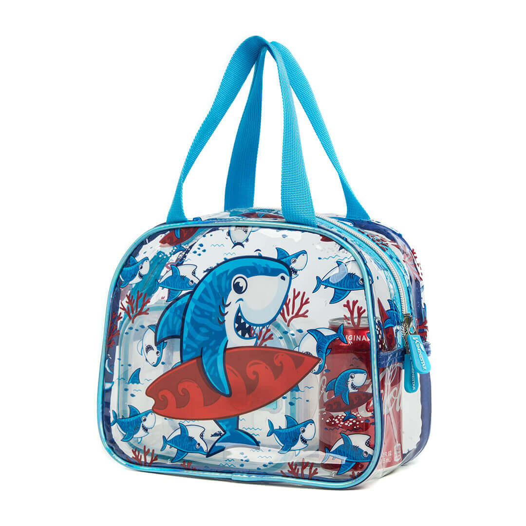 Kids' transparent lunch bag with blue shark design