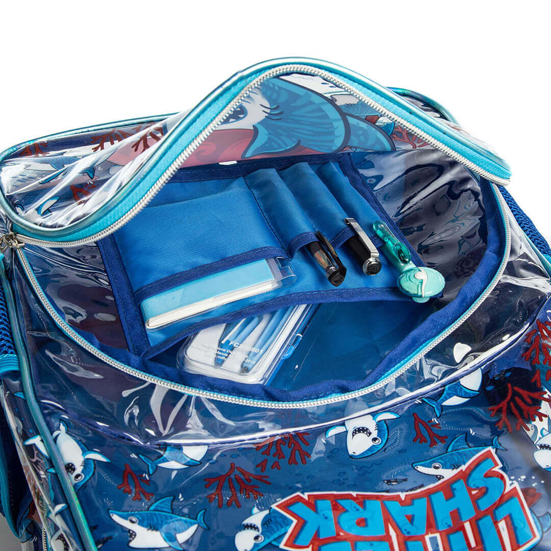 Clear PVC shark backpack set for young children with inner pockets for stationary