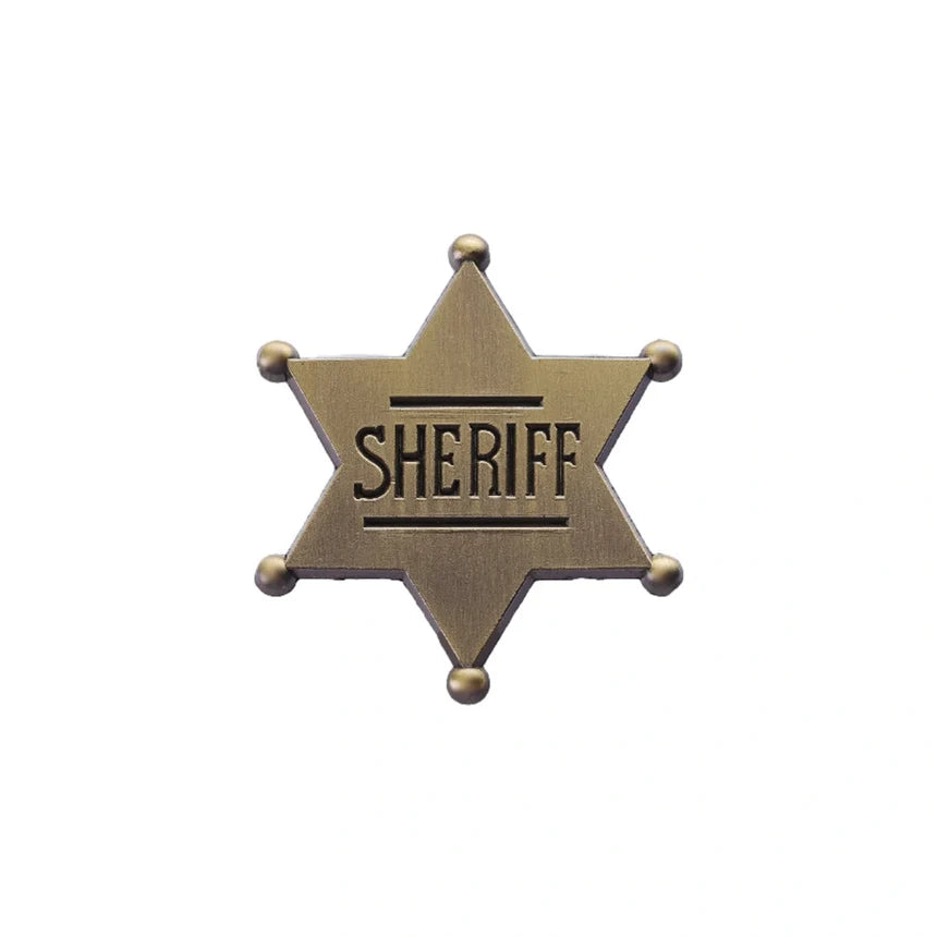 A vintage-style six-pointed star sheriff badge with a metallic antique bronze finish and the word 'SHERIFF' engraved in the center, isolated on a white background.