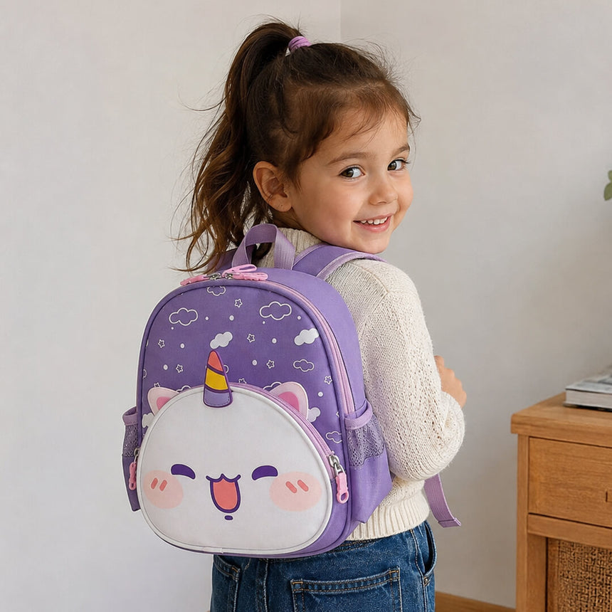 Girl in kindergarten wearing a cute purple unicorn school backpack