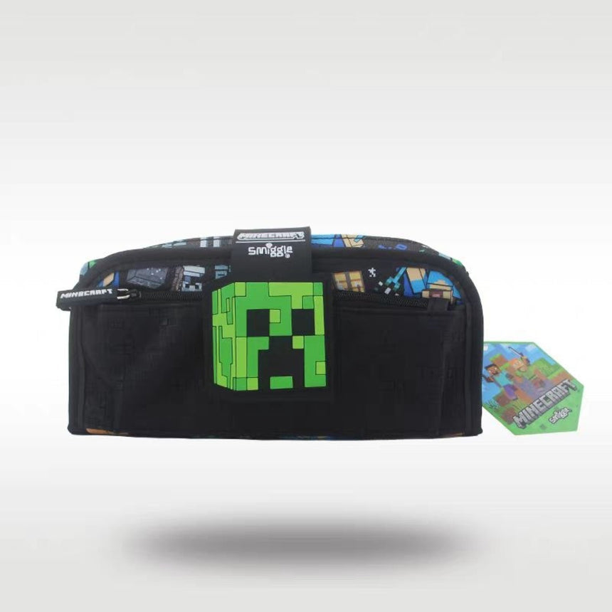 Smiggle Minecraft Utility Pencil Case black front with Creeper flap