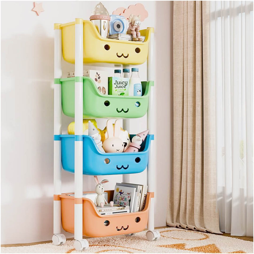 Kids toy storage trolley with smiley face baskets