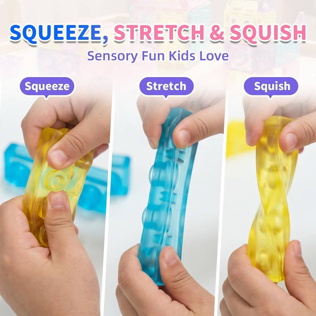 Colorful soft jelly blocks for building and sensory play, squeeze, stretch and squish