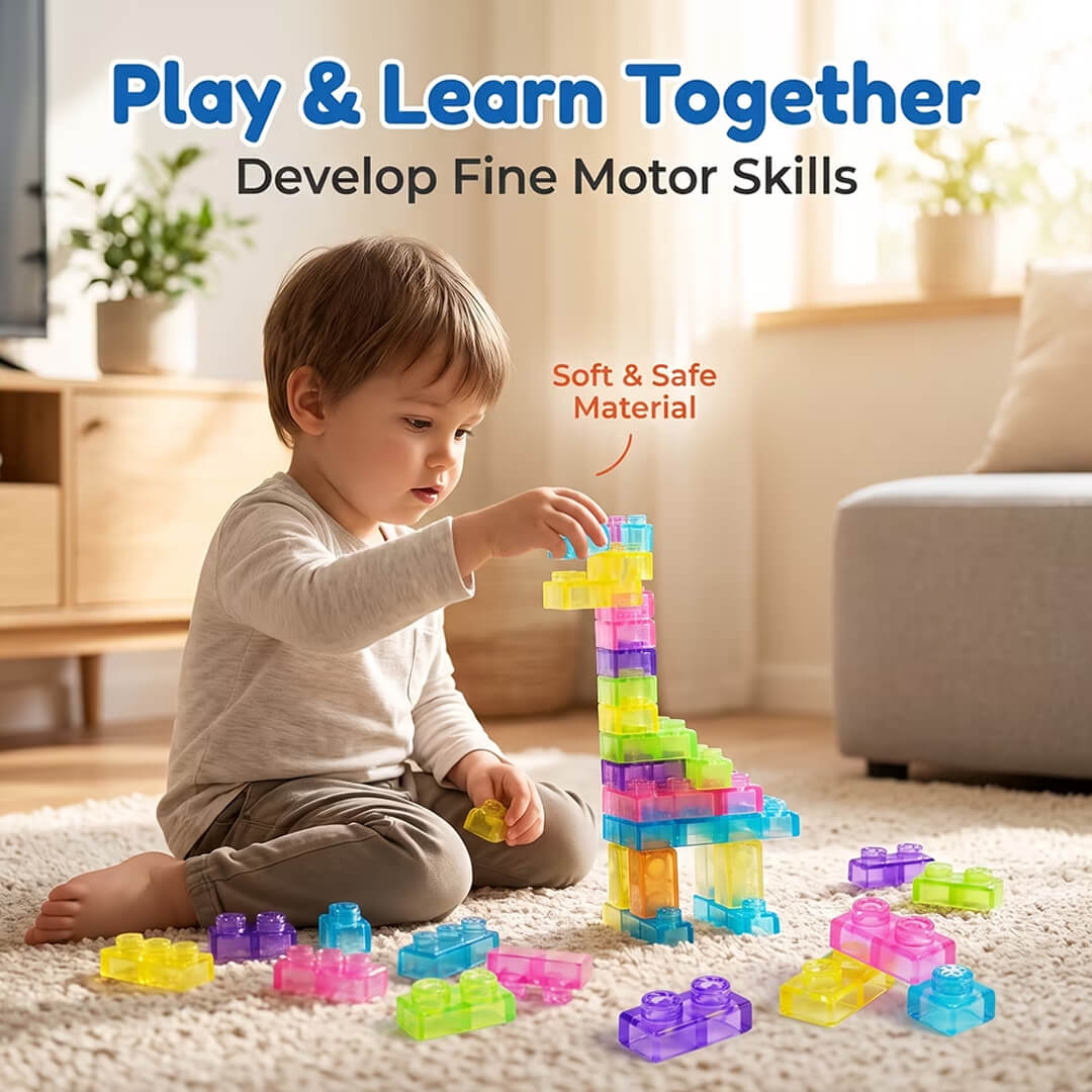 40-piece soft gummy building blocks in translucent candy colors