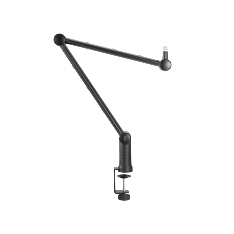Black adjustable microphone stand arm on a white background