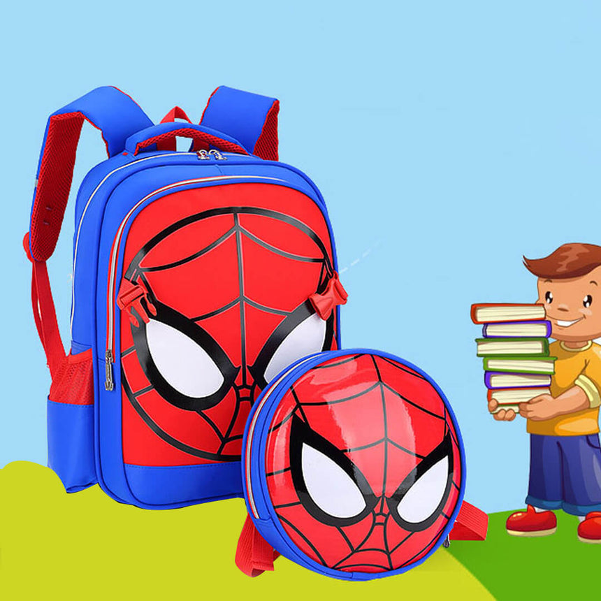 A blue and red Spider-Man-themed school backpack with a matching detachable  round lunch bag in front