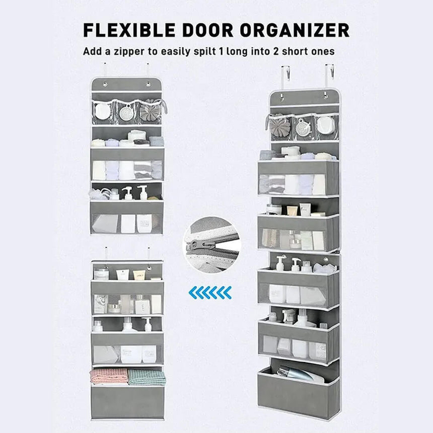 Flexible door organizer with a zipper to split to 2 short ones