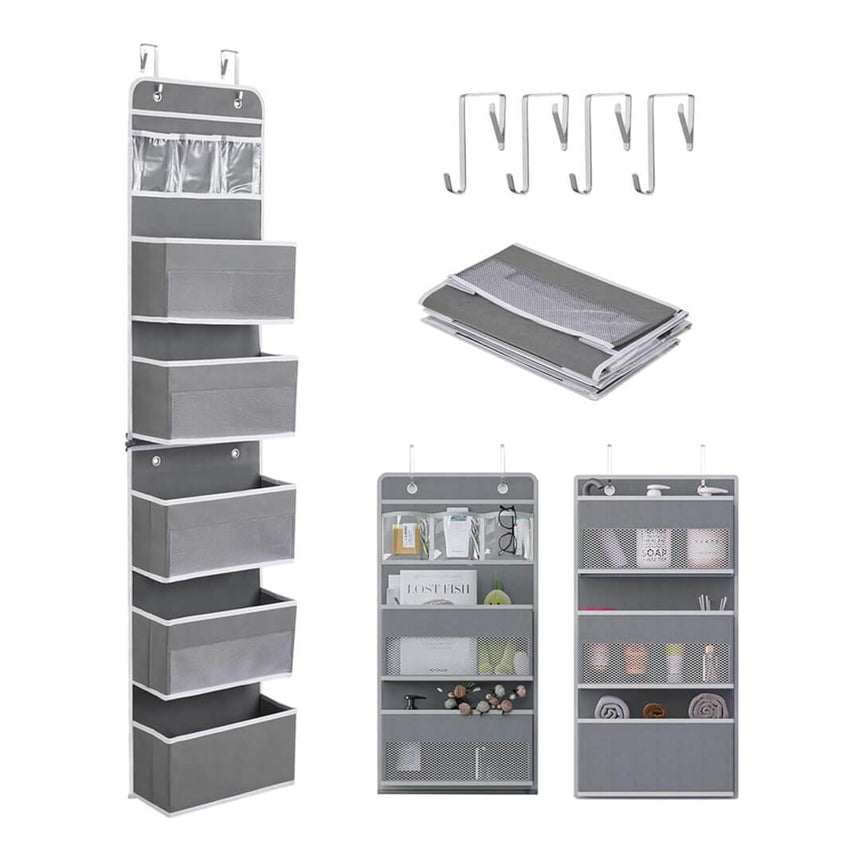 Over-the-door hanging organizer with six fabric shelves in grey color