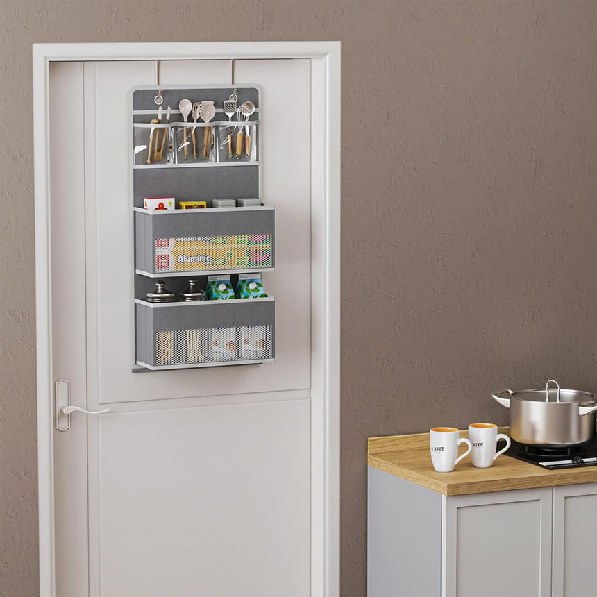 Split-use hanging storage bag for doors closets, or pantries