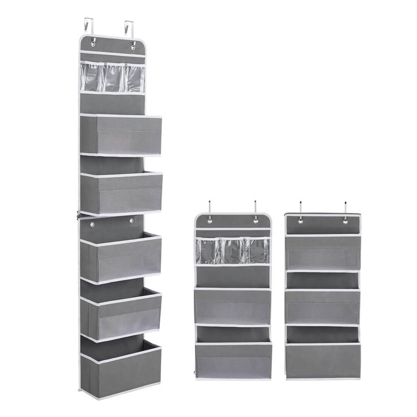 Hanging shelf organizer with transparent mesh front for visibility