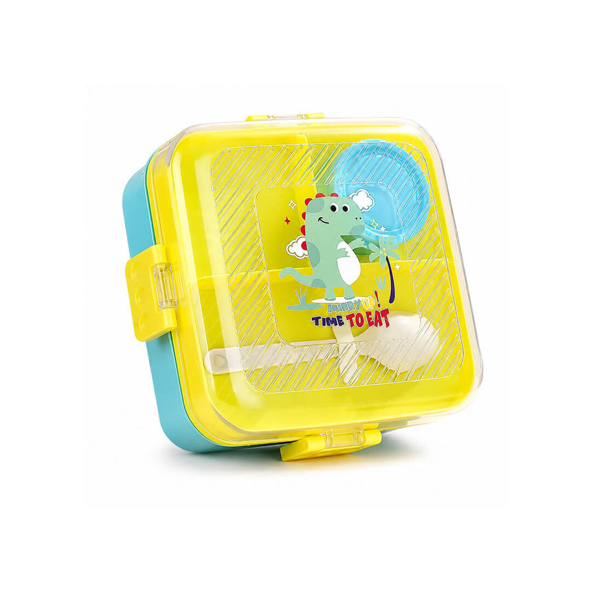 A square bento lunch box dinosaur themed in cyan and yellow color