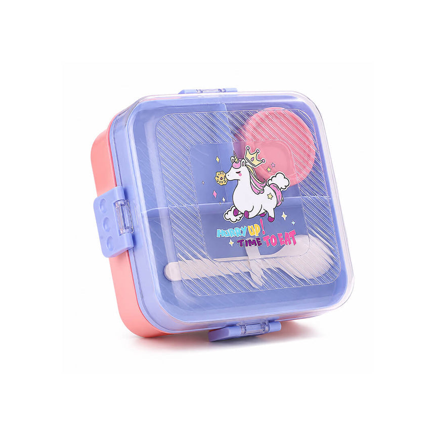A square bento lunchbox with unicorn theme in pink and purple