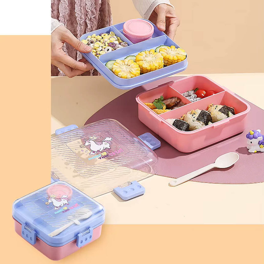 Unicorn-themed kids lunch box with sauce container and compartments