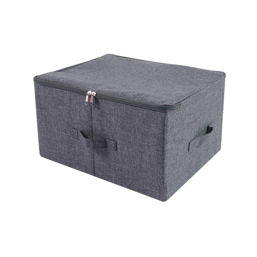 Grey fabric storage box with lid and handles for closet organization