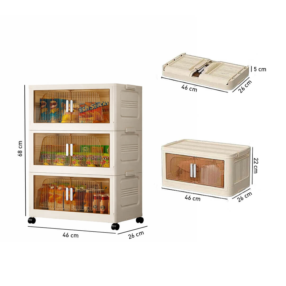 Beige 3-layer foldable and stackable plastic storage unit, dimensions  
