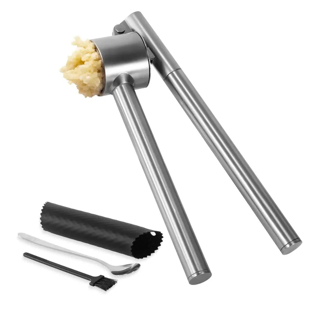 Stainless steel garlic press with silicone peeler tube