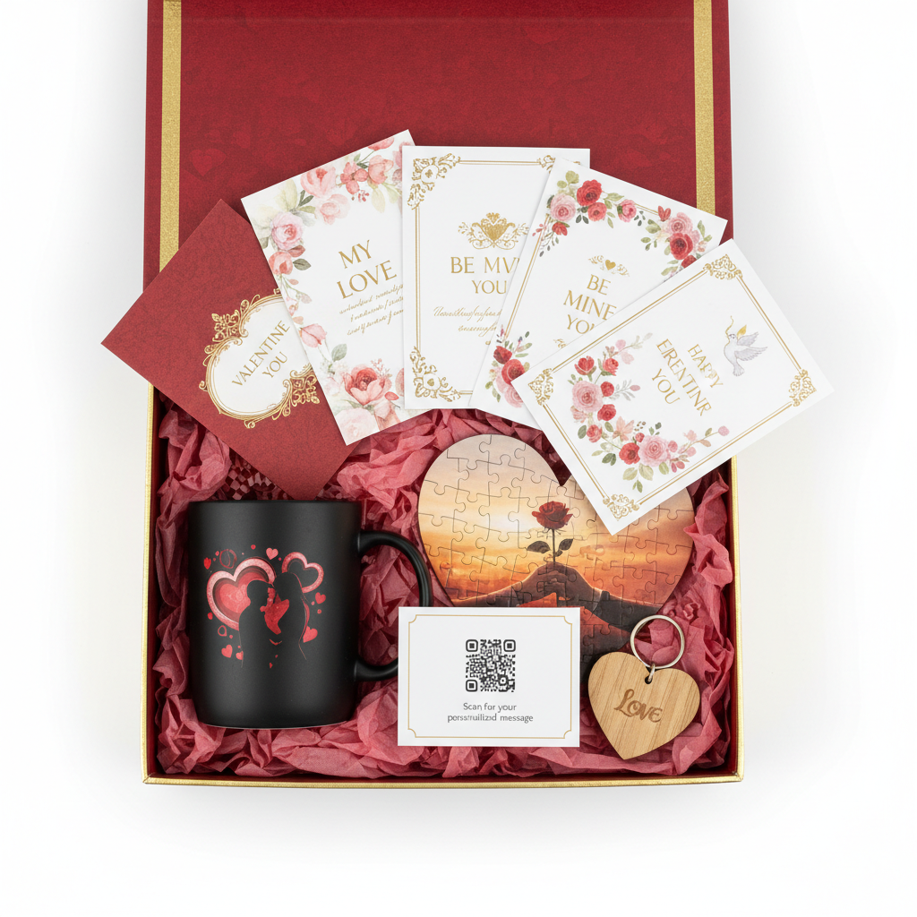 valentine box Magic Mug + Puzzle Photo + 5x Cards + wood heart Keychain + QR