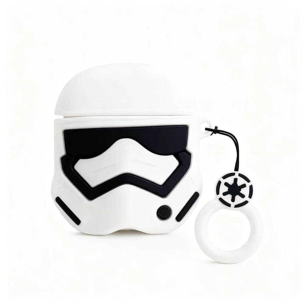White stormtrooper helmet-shaped air pod case with black accents on a white background