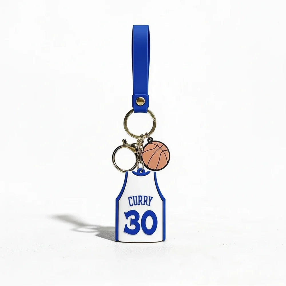 Keychain with basketball jersey and ball design on a white background