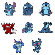 Set of blue cartoon character pins in various poses on a white background