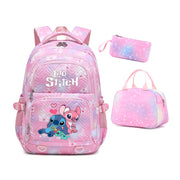 Stitch floral pink backpack with lunch bag and pencil case for girls