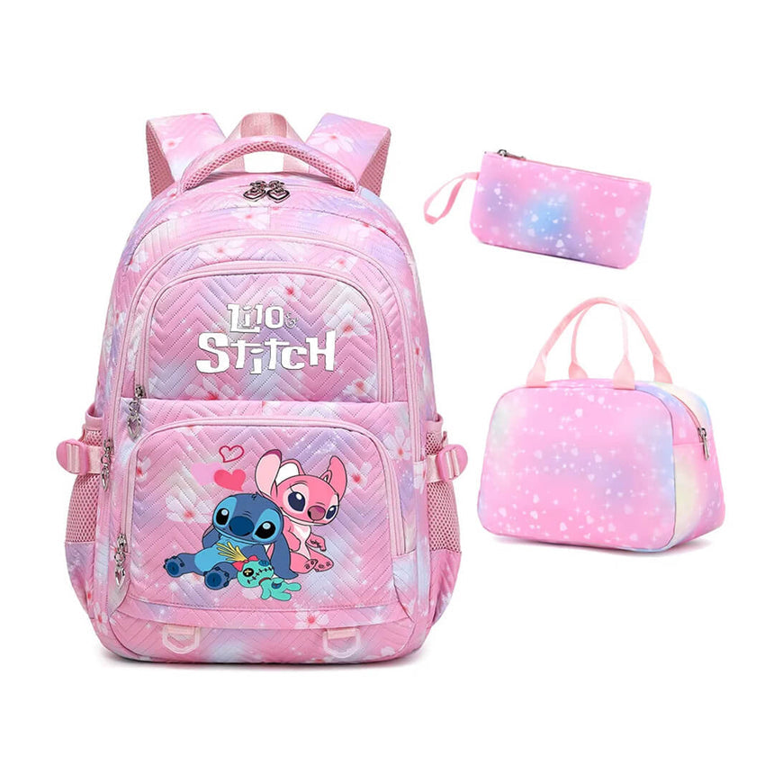 Stitch floral pink backpack with lunch bag and pencil case for girls