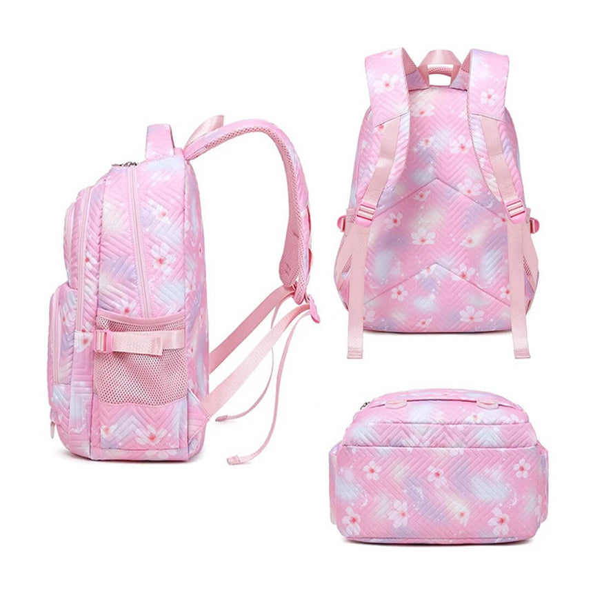 Stitch Pink backpack set with a floral pattern, side & back angles 