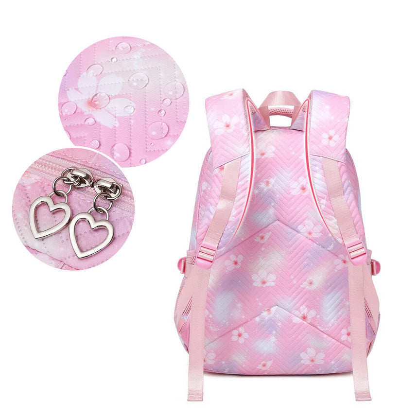 Waterproof Stitch floral school backpack set with heart zippers