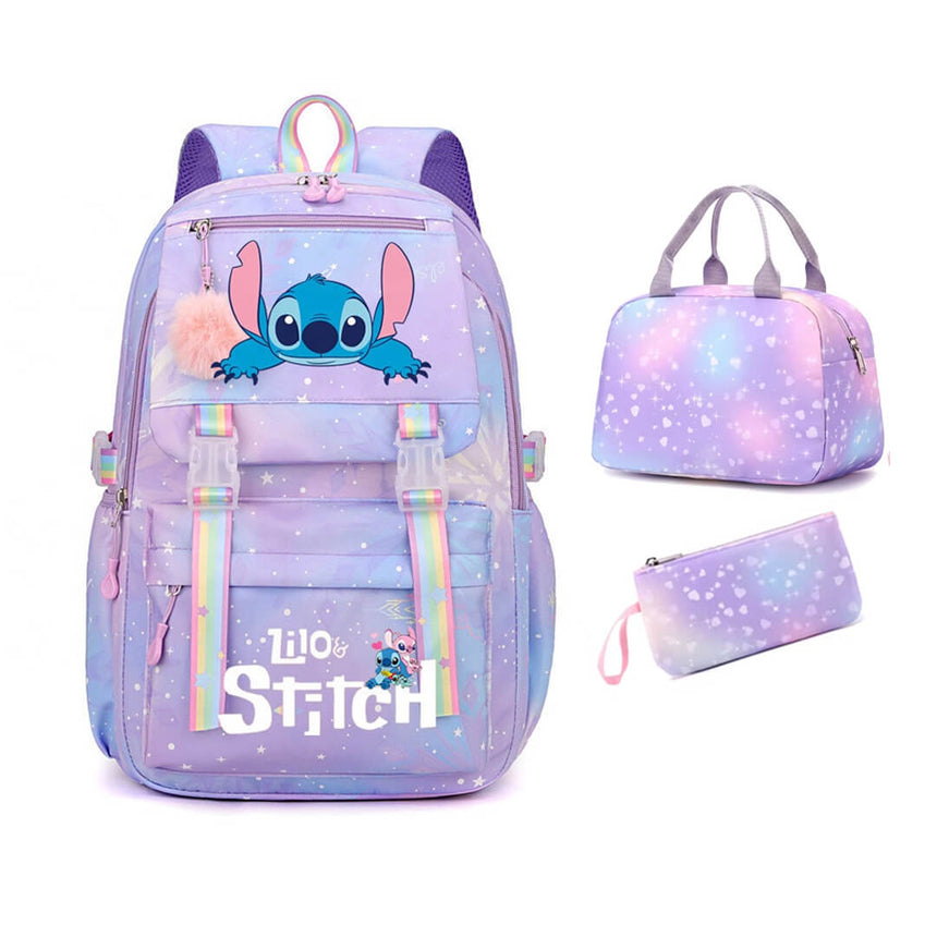 Stitch starry purple waterproof backpack 3-piece set for kids grades 1-4