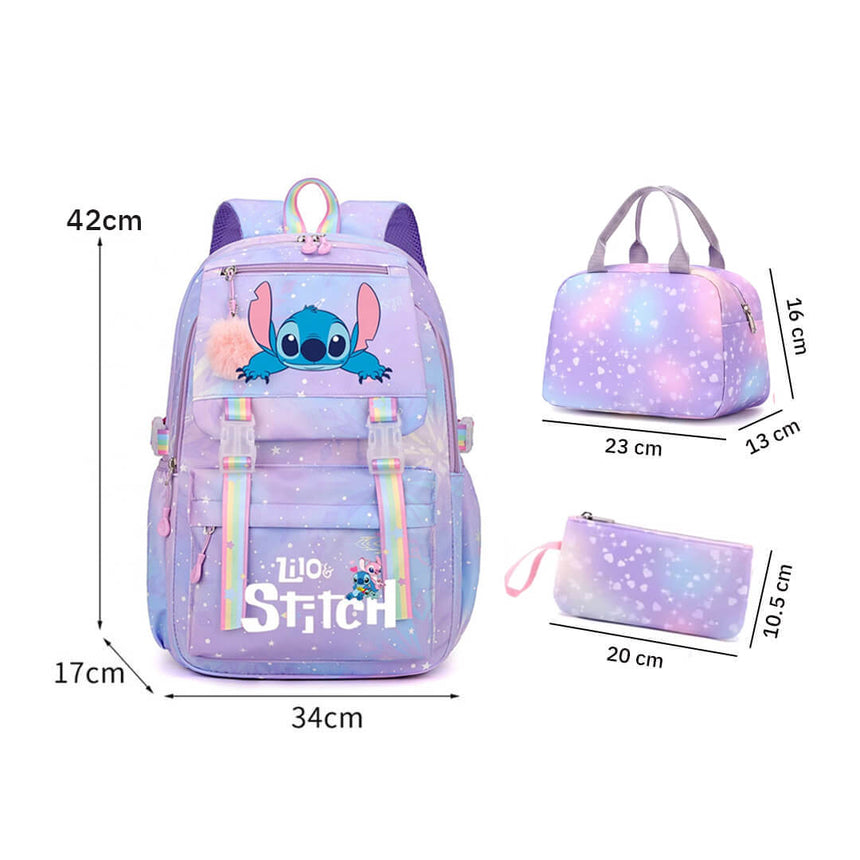 Stitch starry purple school  backpack with lunch bag & pencil case, dimensions