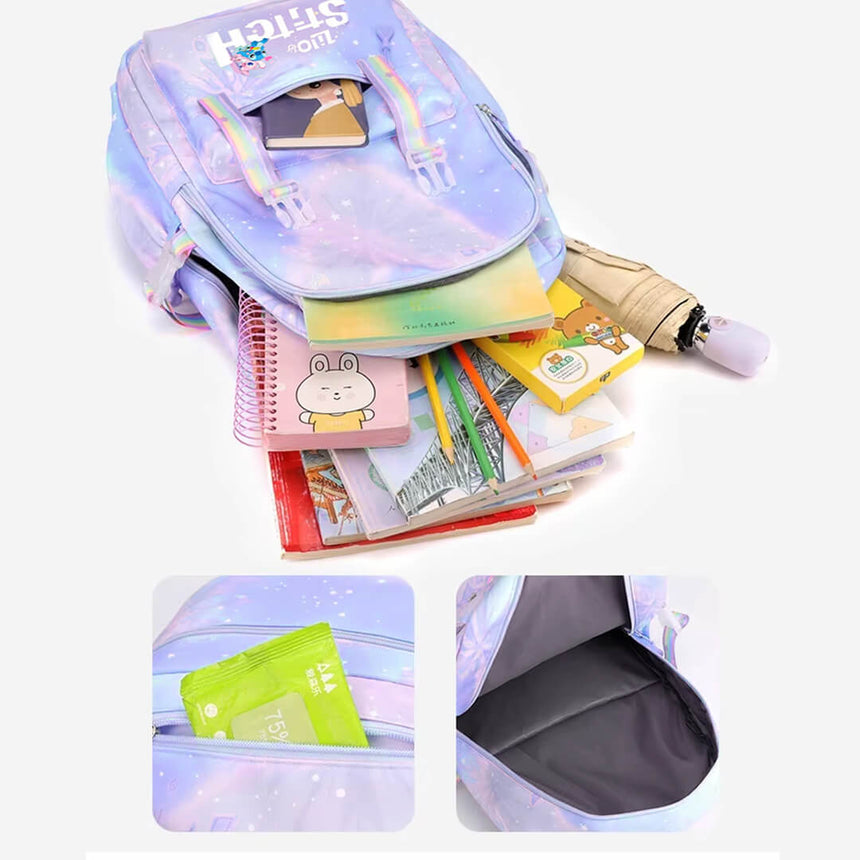 Purple Stitch backpack with laptop sleeve and accessory pockets