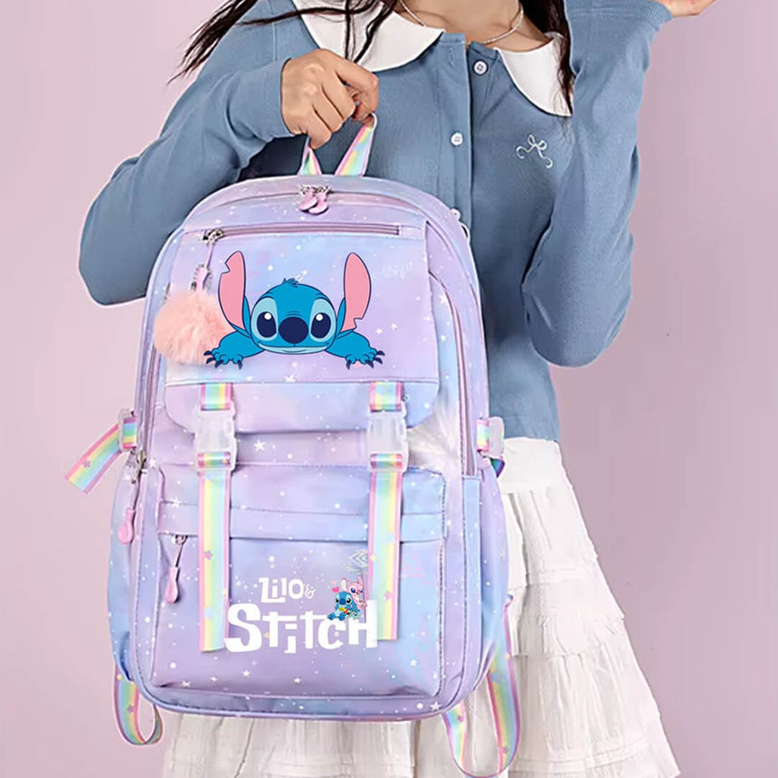 Kids grades 1 to 5 Stitch backpack set in pastel purple starry design