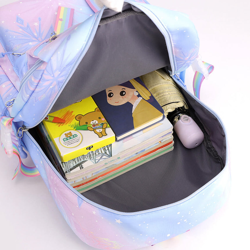 Inside organizer compartments of purple Stitch waterproof backpack