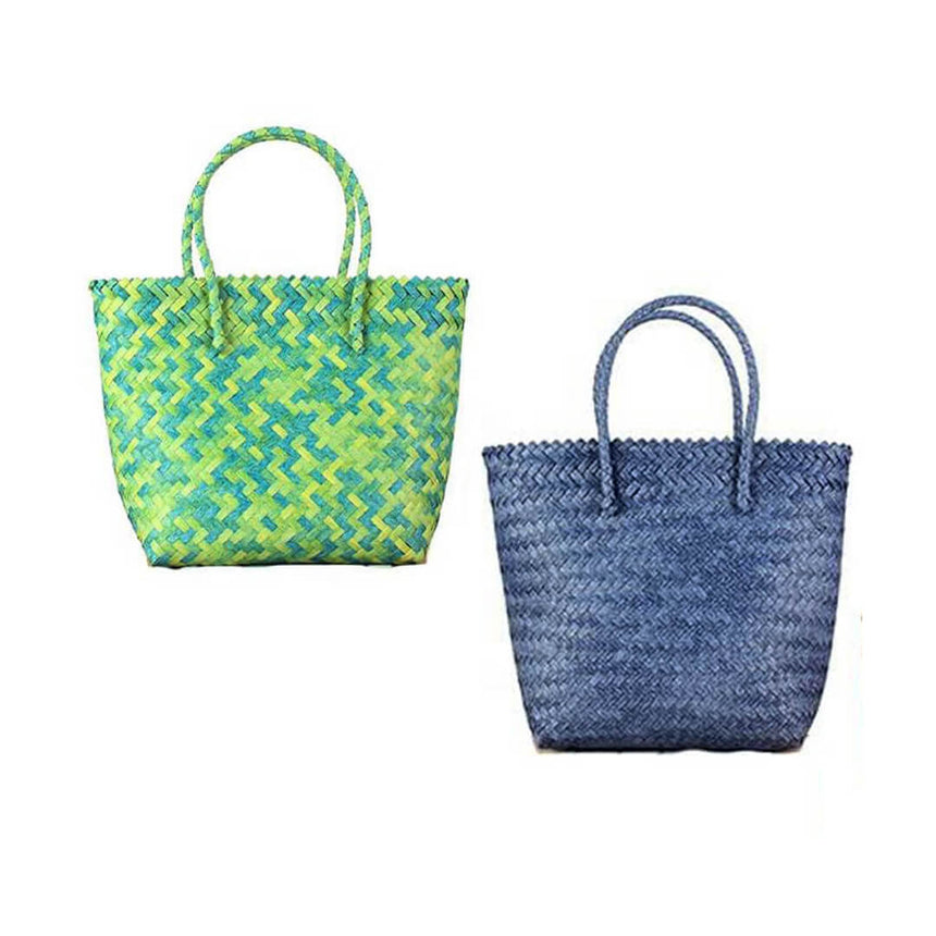 Large woven beach tote bag for summer outings in teal and navy color