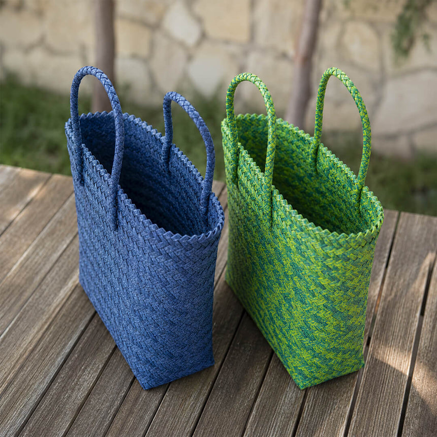 Blue and green woven beach bag 