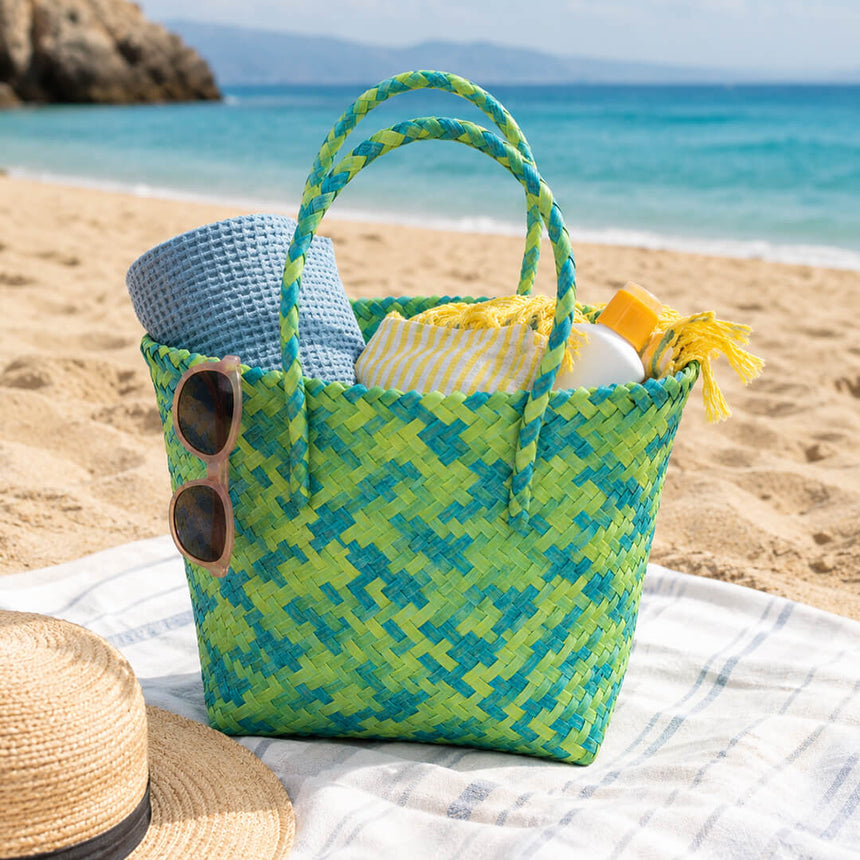 Durable woven beach bag with large storage space, dual color green and teal