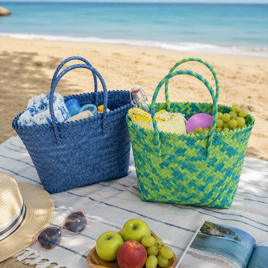 Striped bamboo beach bag with spacious interior