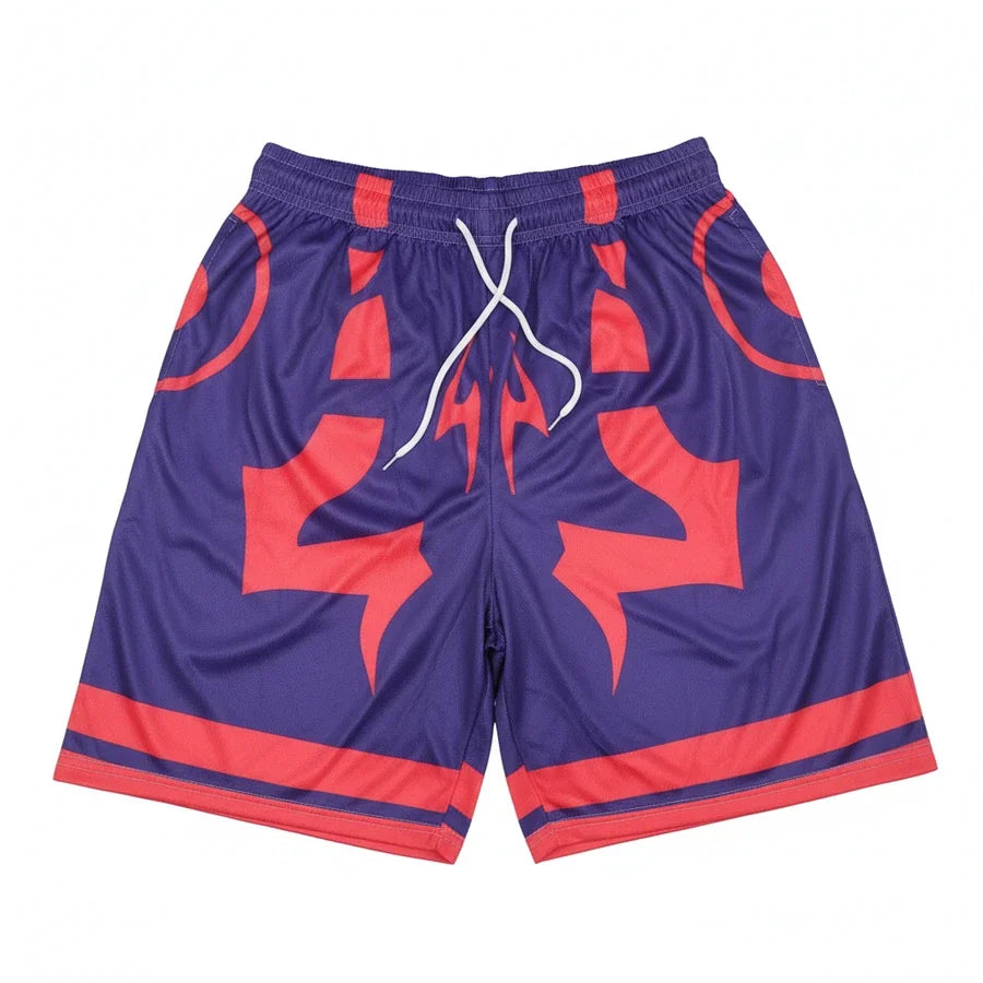Blue shorts with red patterns on a white background
