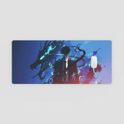 Mouse pad with an anime-style design featuring a character and dragon-like creature on a blue background.