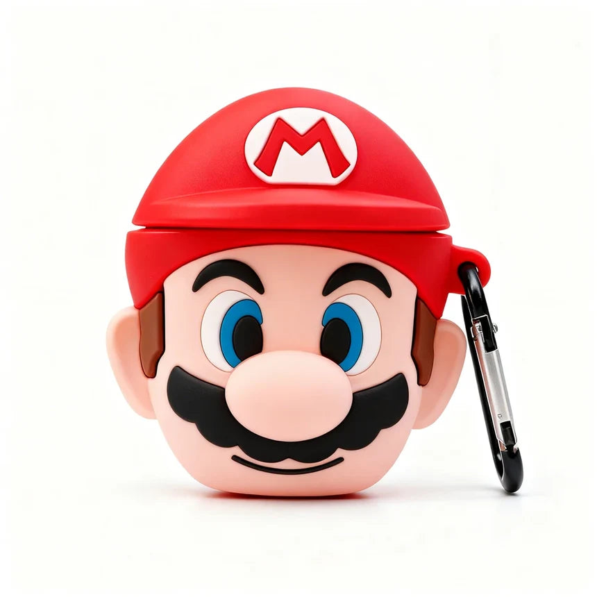 super mario airpods case with keychain on a white background