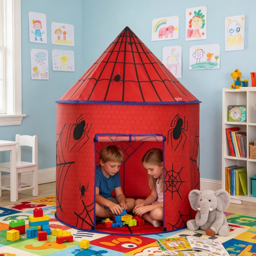 Red superhero kids play tent with Spider-Man inspired design
