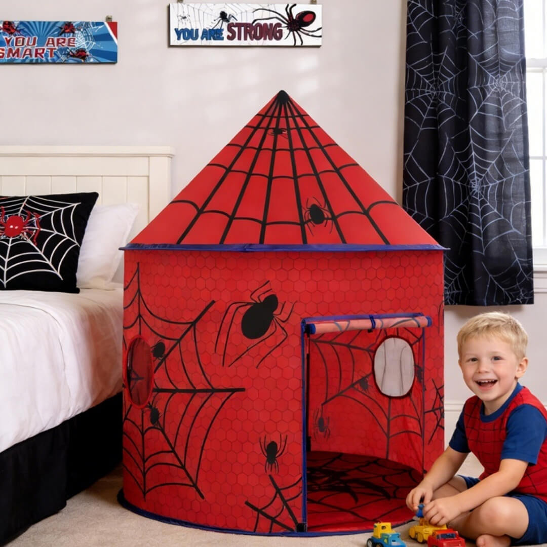 Spider-Man-inspired kids play tent with mesh window