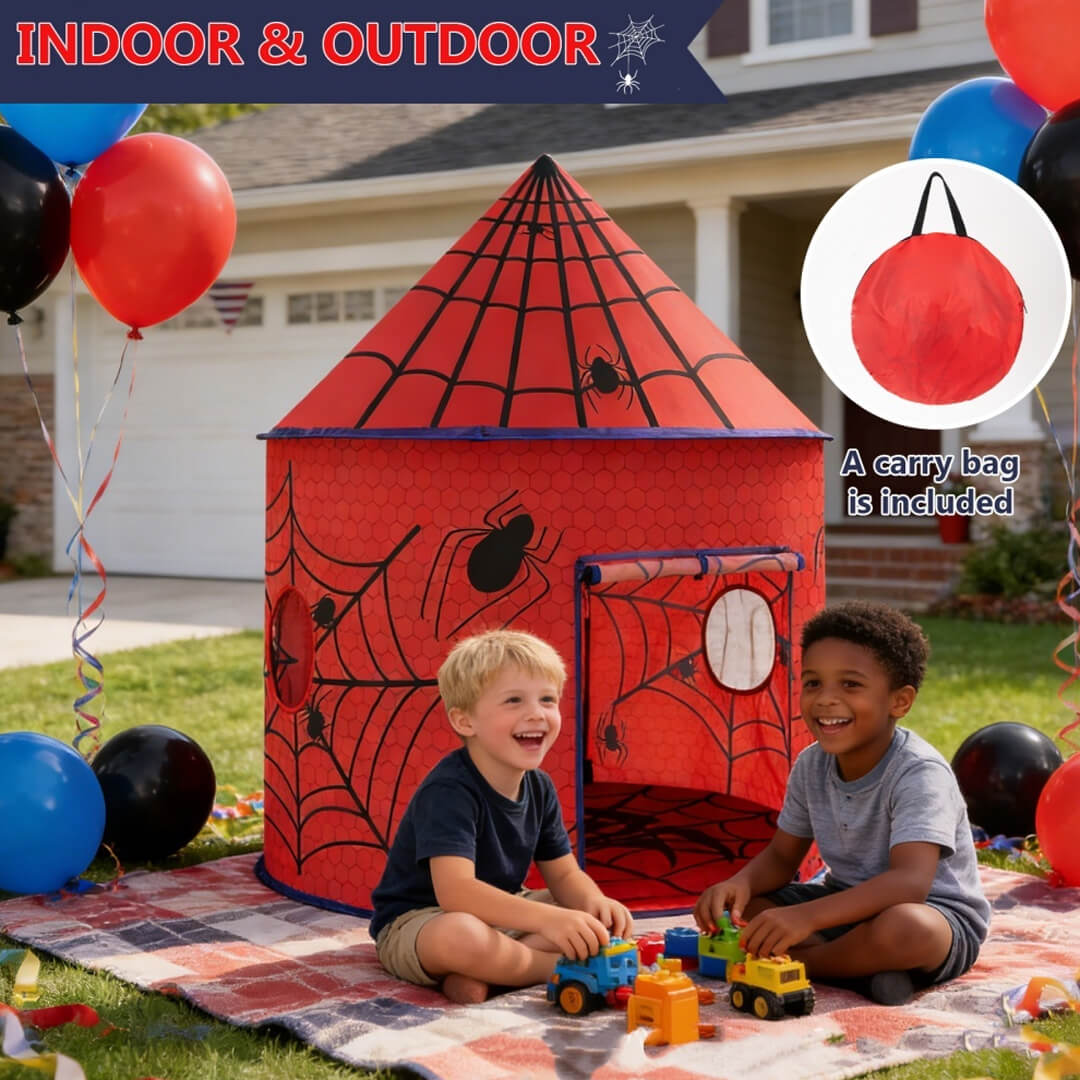 Foldable superhero kids play in a tent with breathable mesh window and portable pouch