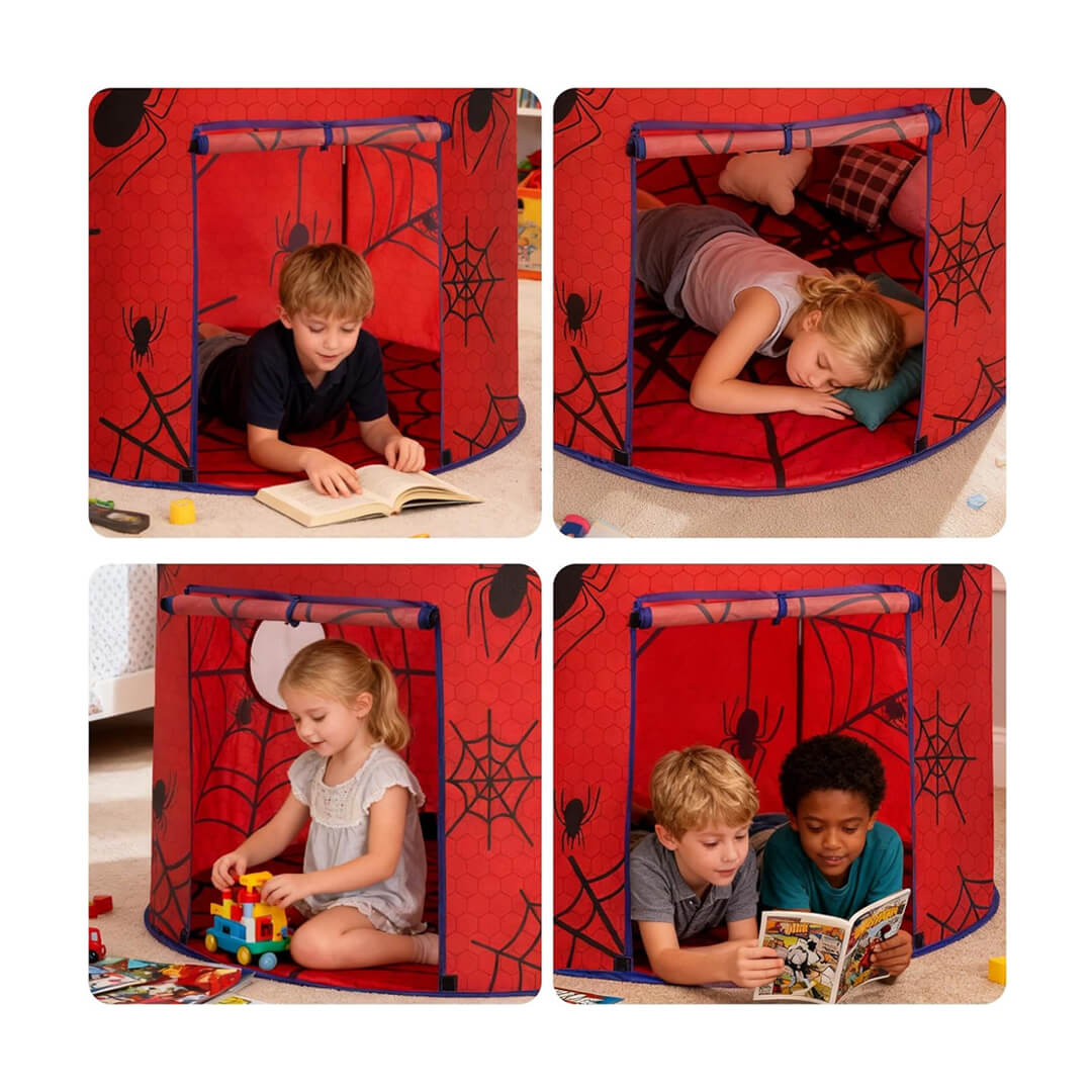 Red superhero kids play tent with roll-up entrance