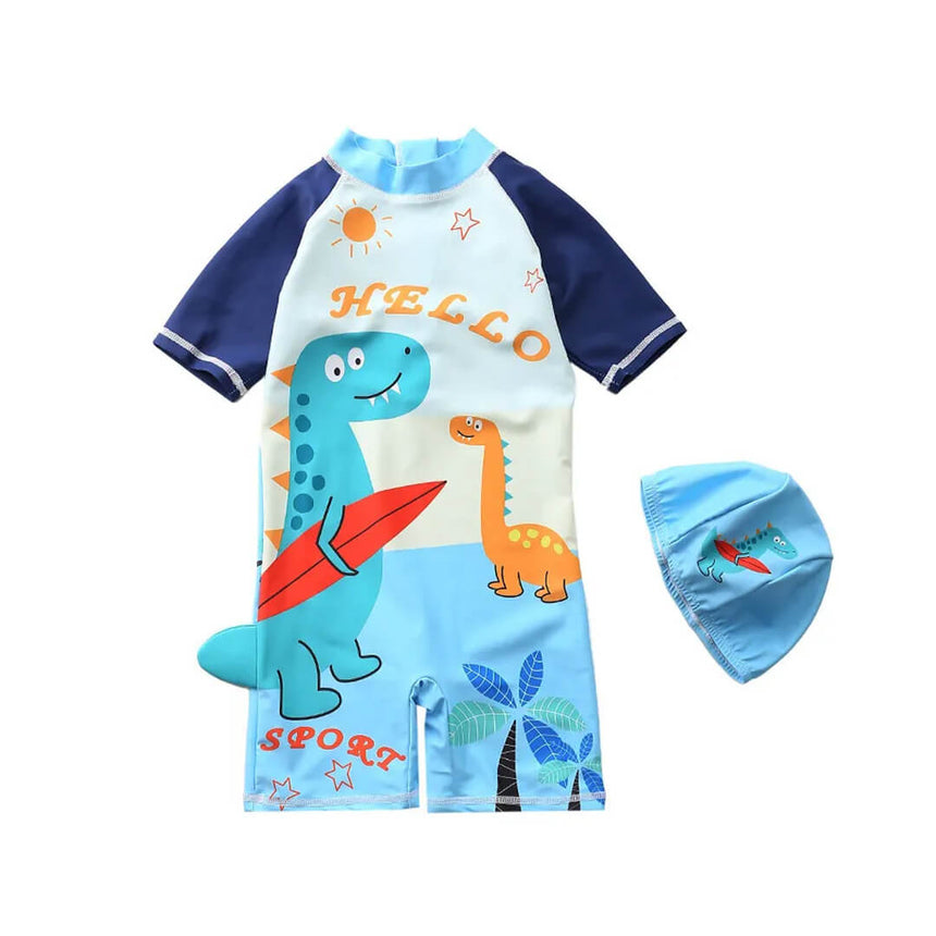 Baby boys swimwear with surfing dino design