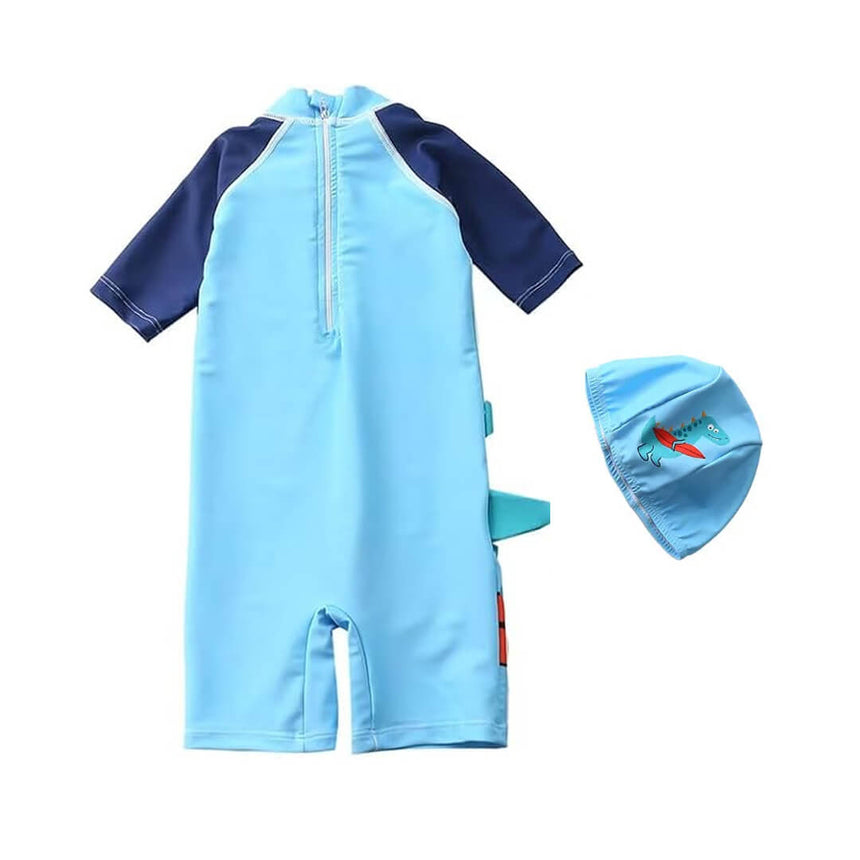 Toddler dinosaur swimsuit with back zipper and cap