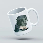 White mug with a graphic design of a character on a light gray background